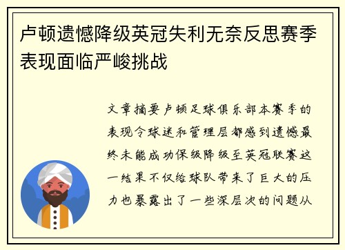 卢顿遗憾降级英冠失利无奈反思赛季表现面临严峻挑战