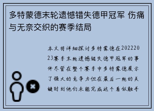多特蒙德末轮遗憾错失德甲冠军 伤痛与无奈交织的赛季结局