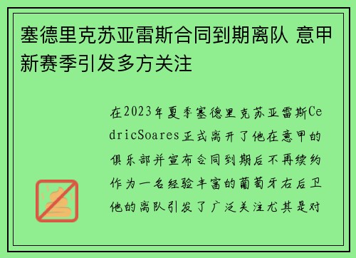 塞德里克苏亚雷斯合同到期离队 意甲新赛季引发多方关注